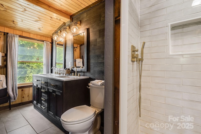 6541 Grassy Branch Rd, Bryson City, NC 28713 - full bath featuring wooden ceiling, vanity, tile patterned flooring, and a tile shower