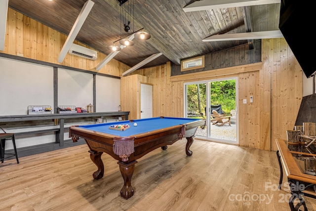 6541 Grassy Branch Rd, Bryson City, NC 28713 - game room featuring a wall unit AC, wood walls, billiards table, light wood-type flooring, and wood ceiling