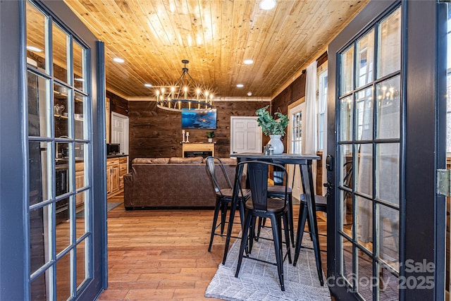 6541 Grassy Branch Rd, Bryson City, NC 28713 - dining room featuring wooden ceiling, recessed lighting, a chandelier, hardwood / wood-style floors, and french doors