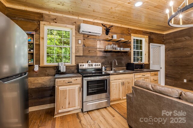 6541 Grassy Branch Rd, Bryson City, NC 28713 - kitchen with appliances with stainless steel finishes, a wall unit AC, light brown cabinets, wooden ceiling, and dark countertops