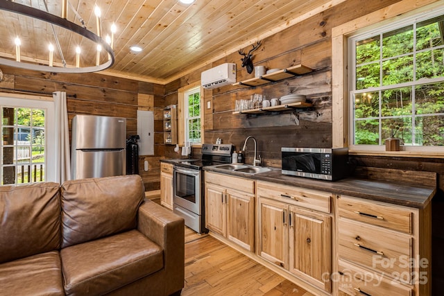 6541 Grassy Branch Rd, Bryson City, NC 28713 - kitchen featuring stainless steel appliances, wood ceiling, dark countertops, an AC wall unit, and wood walls