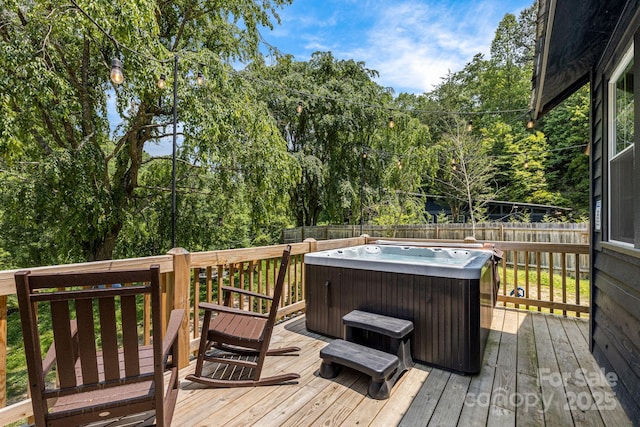 6541 Grassy Branch Rd, Bryson City, NC 28713 - wooden terrace with a hot tub and a fenced backyard