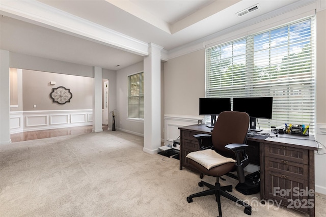 9814 Tompkins Ln, Waxhaw, NC 28173 - carpeted office with ornate columns, a decorative wall, wainscoting, and ornamental molding
