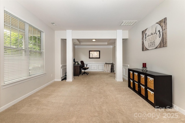 9814 Tompkins Ln, Waxhaw, NC 28173 - hallway featuring light colored carpet, a desk, a tray ceiling, and baseboards