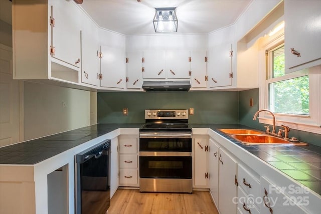 825 Pole Miller Ext, Brevard, NC 28712 - kitchen featuring range with two ovens, under cabinet range hood, a sink, white cabinetry, and tile countertops