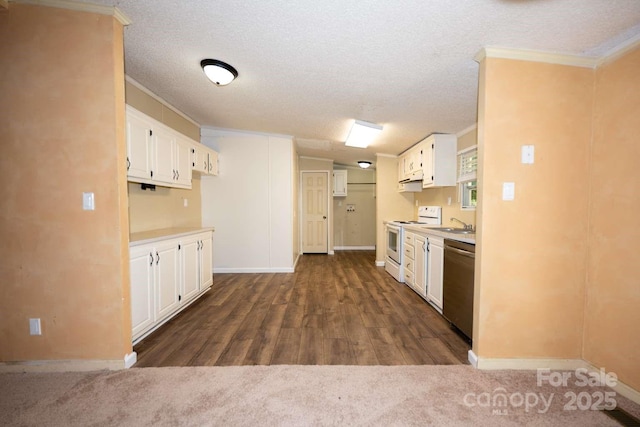 155 Springdale Acres Dr, Mooresville, NC 28115 - kitchen with white stove, stainless steel dishwasher, crown molding, a textured ceiling, and baseboards