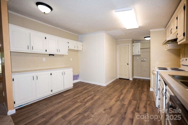 155 Springdale Acres Dr, Mooresville, NC 28115 - kitchen with a textured ceiling, white cabinetry, dark wood-style flooring, under cabinet range hood, and dishwashing machine