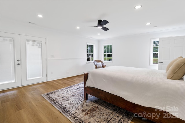 940 N New Hope Rd, Gastonia, NC 28054 - bedroom featuring light wood-style floors, french doors, recessed lighting, ornamental molding, and ceiling fan