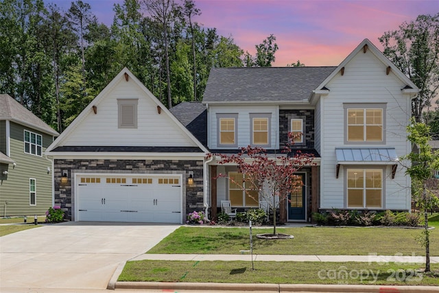 482 Lucky Dr NW, Concord, NC 28027 - view of front facade featuring stone siding, driveway, a front yard, and a shingled roof