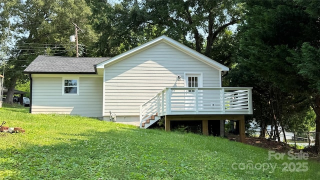 148 Forest Heights Dr, Mcadenville, NC 28101 - rear view of house with a wooden deck and roof with shingles