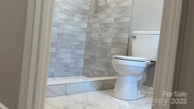 148 Forest Heights Dr, Mcadenville, NC 28101 - bathroom with toilet, marble look tiles, and a tile shower