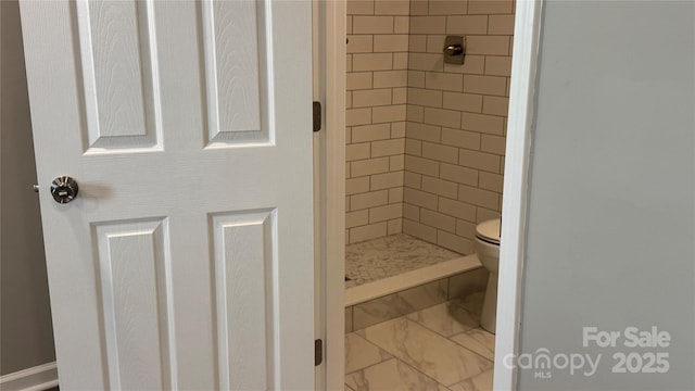 148 Forest Heights Dr, Mcadenville, NC 28101 - bathroom with marble look tile flooring, a stall shower, and toilet