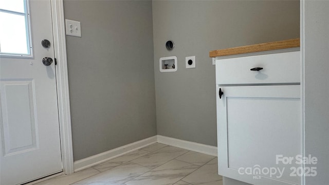 148 Forest Heights Dr, Mcadenville, NC 28101 - laundry room with hookup for an electric dryer, hookup for a washing machine, light marble finish flooring, and baseboards