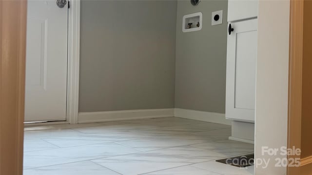 148 Forest Heights Dr, Mcadenville, NC 28101 - laundry area featuring electric dryer hookup, hookup for a washing machine, marble finish floors, and baseboards