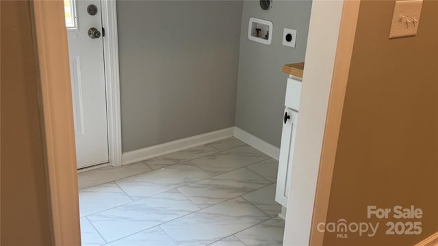 148 Forest Heights Dr, Mcadenville, NC 28101 - washroom with electric dryer hookup, light marble finish floors, washer hookup, and baseboards