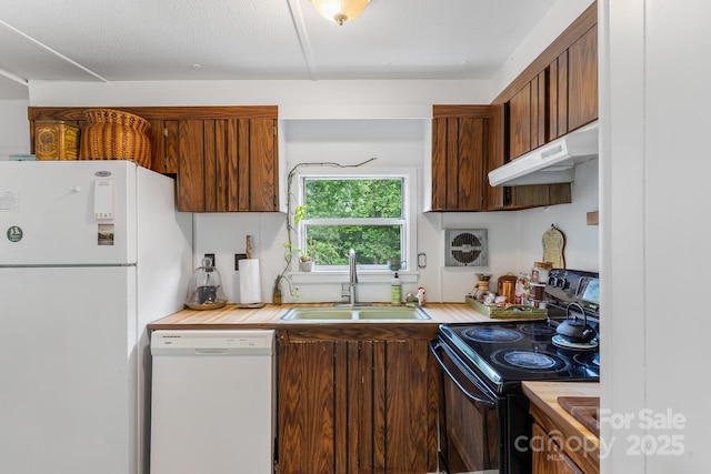 355 Dix Creek Rd, Leicester, NC 28748 - kitchen featuring white appliances, a sink, under cabinet range hood, and wood counters