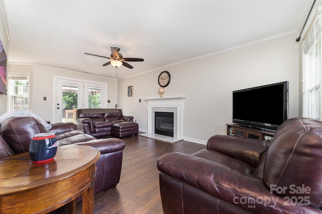 600 Capella Ct, Gastonia, NC 28056 - living area featuring dark wood-type flooring, a ceiling fan, ornamental molding, and a glass covered fireplace