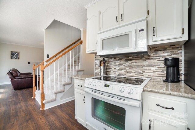 600 Capella Ct, Gastonia, NC 28056 - kitchen featuring white appliances, tasteful backsplash, dark wood finished floors, white cabinets, and ornamental molding
