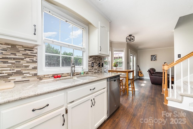 600 Capella Ct, Gastonia, NC 28056 - kitchen with dishwasher, dark wood-style floors, crown molding, decorative backsplash, and white cabinetry