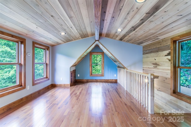 1146 Thomas Branch Rd, Marshall, NC 28753 - additional living space featuring hardwood / wood-style flooring, baseboards, vaulted ceiling, wooden ceiling, and recessed lighting