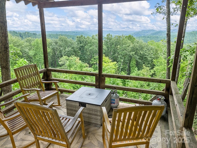 192 Shady Ln, Mill Spring, NC 28756 - wooden deck featuring a view of trees and outdoor dining space