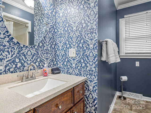 192 Shady Ln, Mill Spring, NC 28756 - full bath with ornamental molding, vanity, and wallpapered walls