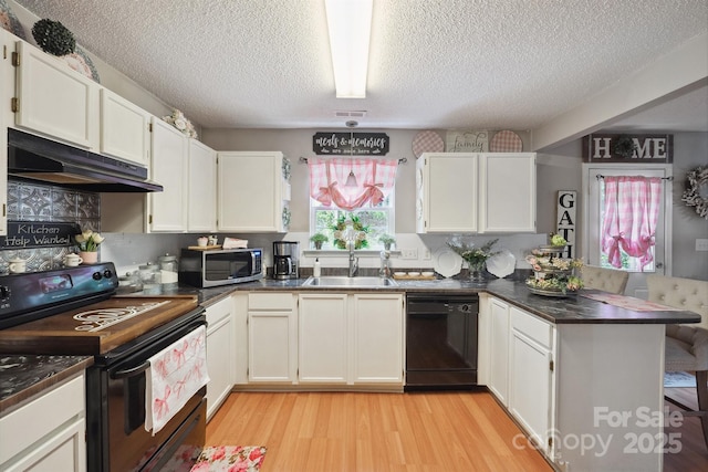 1912 8th St SE, Hickory, NC 28602 - kitchen featuring black appliances, under cabinet range hood, a sink, a peninsula, and light wood-type flooring