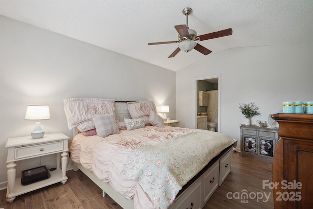1912 8th St SE, Hickory, NC 28602 - bedroom with vaulted ceiling, dark wood-style flooring, ensuite bath, and ceiling fan