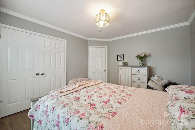 1912 8th St SE, Hickory, NC 28602 - bedroom featuring crown molding, dark wood-style flooring, and a closet