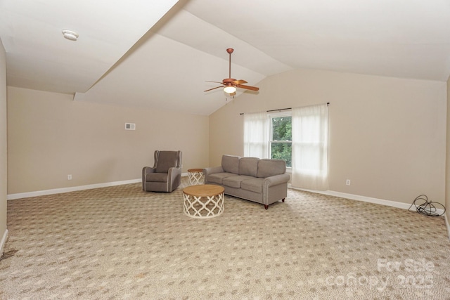 10304 Squires Way Unit 18, Cornelius, NC 28031 - living room featuring light carpet, a ceiling fan, lofted ceiling, and baseboards