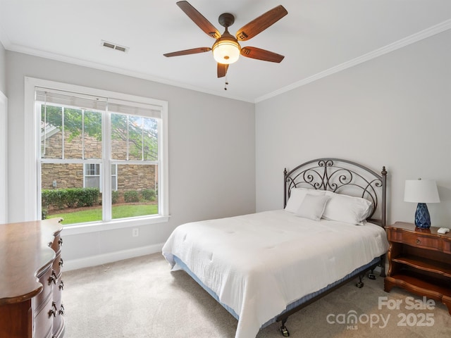 10875 Casetta Dr, Matthews, NC 28105 - bedroom with light carpet, multiple windows, crown molding, and a ceiling fan