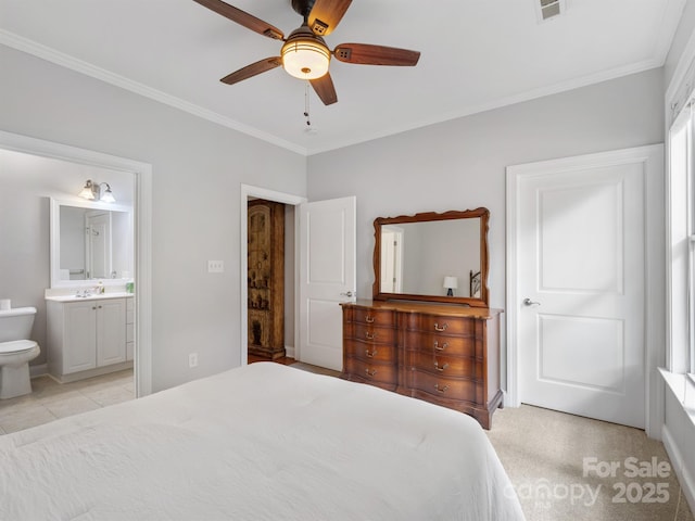 10875 Casetta Dr, Matthews, NC 28105 - bedroom featuring crown molding, ensuite bathroom, and ceiling fan