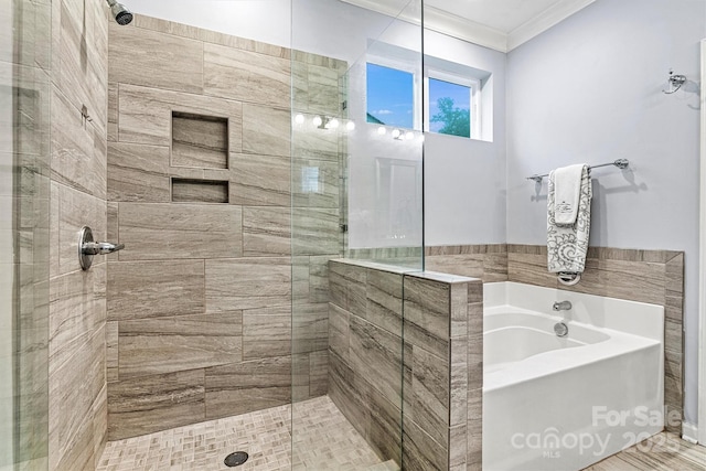 7809 Creek Park Dr, Denver, NC 28037 - full bathroom featuring a shower stall, a garden tub, and ornamental molding