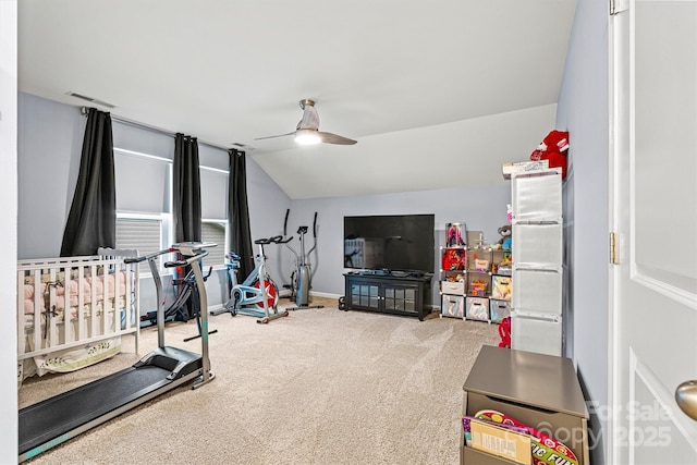 7809 Creek Park Dr, Denver, NC 28037 - workout area featuring a ceiling fan, carpet, lofted ceiling, and baseboards