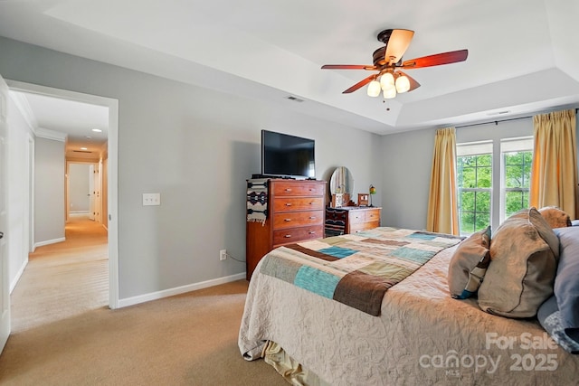 415 Glandon Ct, Fort Mill, SC 29708 - bedroom featuring a raised ceiling, light colored carpet, baseboards, a ceiling fan, and recessed lighting