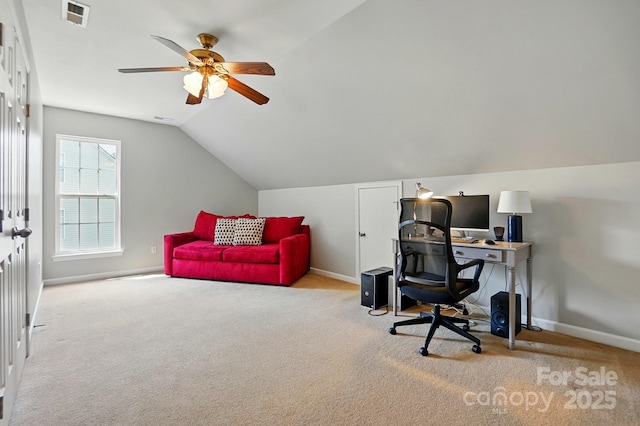 415 Glandon Ct, Fort Mill, SC 29708 - home office with ceiling fan, carpet, lofted ceiling, and baseboards