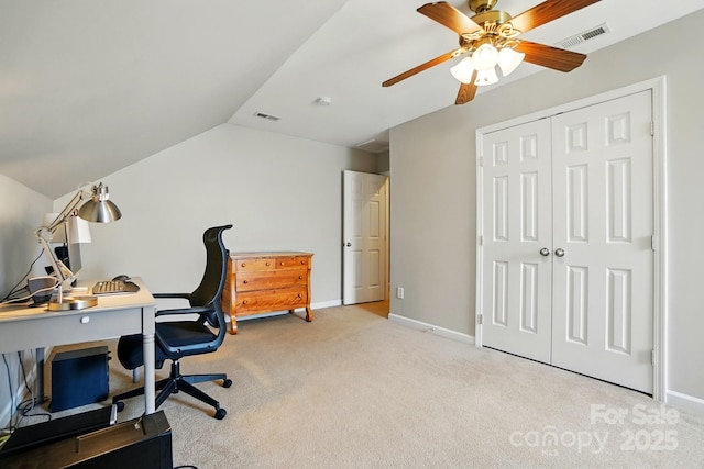 415 Glandon Ct, Fort Mill, SC 29708 - carpeted office with a ceiling fan, lofted ceiling, and baseboards