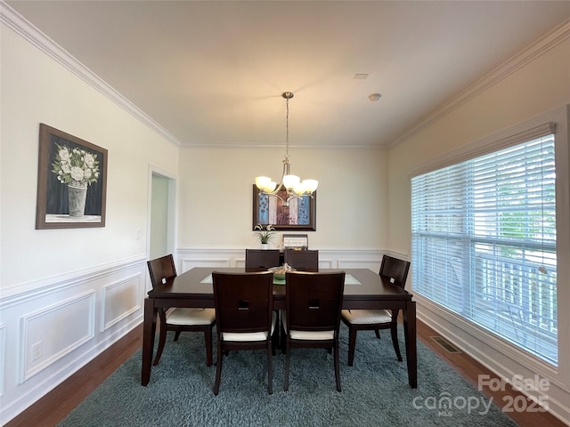 707 Five Leaf Ln, Waxhaw, NC 28173 - dining room featuring a chandelier, dark wood finished floors, ornamental molding, and wainscoting