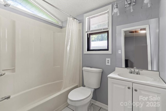 935 Church St, Kings Mountain, NC 28086 - bathroom featuring toilet, vanity, shower / bath combo, tile patterned floors, and a textured ceiling