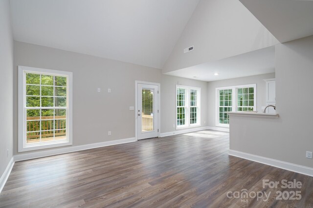248 Pioneer Dr, Mount Gilead, NC 27306 - unfurnished living room with dark wood-style flooring and vaulted ceiling