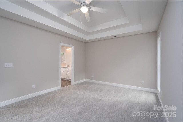 248 Pioneer Dr, Mount Gilead, NC 27306 - spare room featuring light colored carpet, a ceiling fan, and a tray ceiling