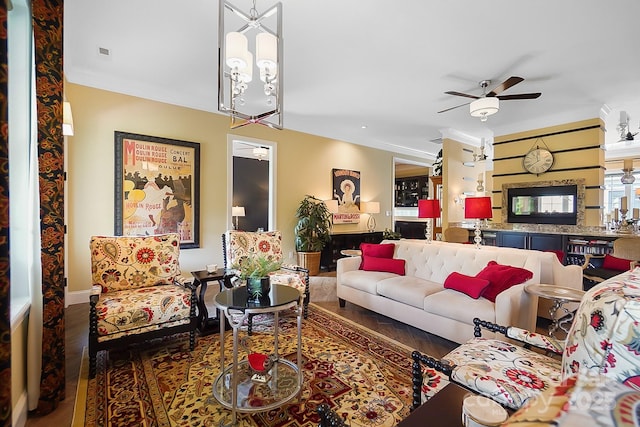 2354 Valelake Rd, York, SC 29745 - living area featuring ceiling fan, wood finished floors, crown molding, and baseboards