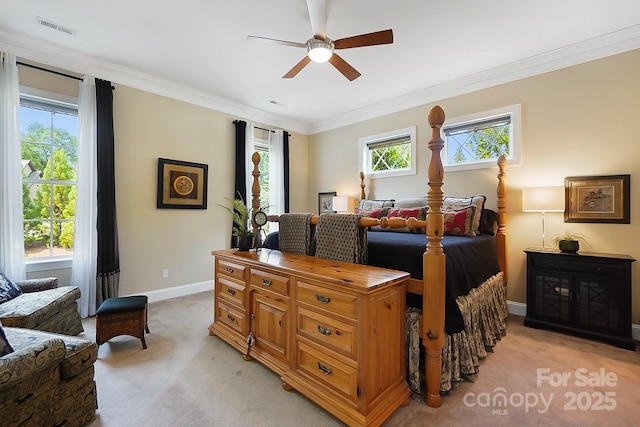 2354 Valelake Rd, York, SC 29745 - bedroom with light carpet, crown molding, baseboards, and ceiling fan