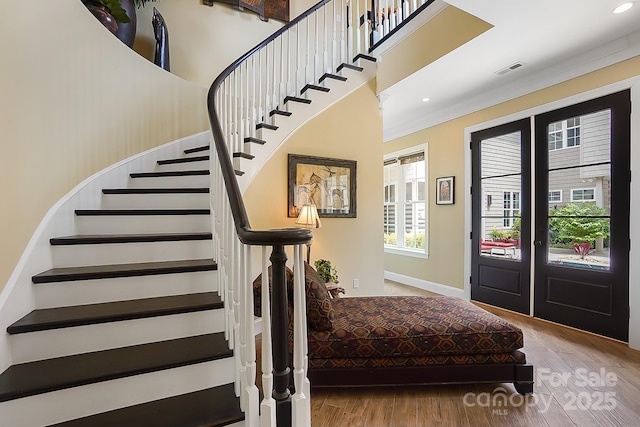2354 Valelake Rd, York, SC 29745 - foyer featuring stairs, wood finished floors, crown molding, french doors, and recessed lighting