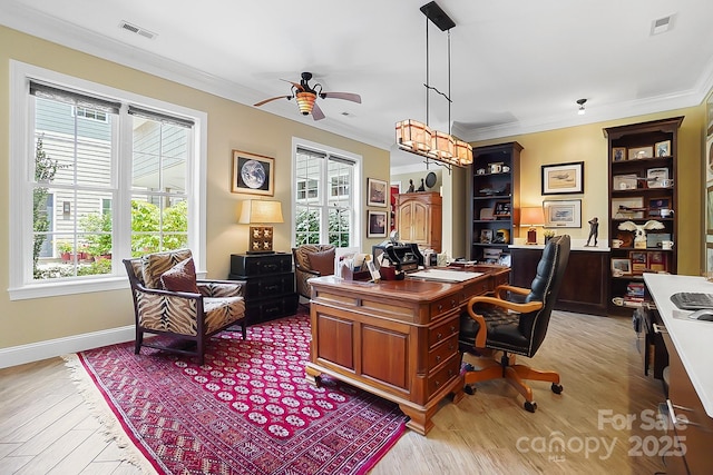2354 Valelake Rd, York, SC 29745 - home office with ceiling fan, ornamental molding, light wood-style floors, and baseboards