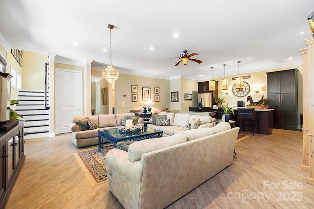 2354 Valelake Rd, York, SC 29745 - living area featuring a ceiling fan, decorative columns, recessed lighting, stairs, and light wood-style floors