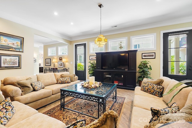 2354 Valelake Rd, York, SC 29745 - living room featuring ornamental molding, light wood-type flooring, and recessed lighting