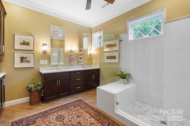 2354 Valelake Rd, York, SC 29745 - full bath with double vanity, a ceiling fan, ornamental molding, a shower, and wood finished floors