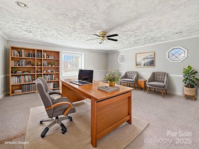 2316 Woodfield Cir, Gastonia, NC 28056 - carpeted home office with crown molding, a textured ceiling, ceiling fan, and baseboards