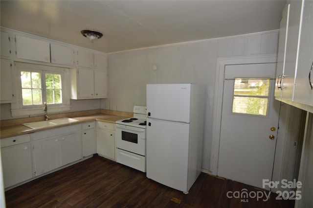 1216 Mountain Ave, Gastonia, NC 28052 - kitchen with white appliances, a sink, dark wood-style flooring, white cabinetry, and light countertops